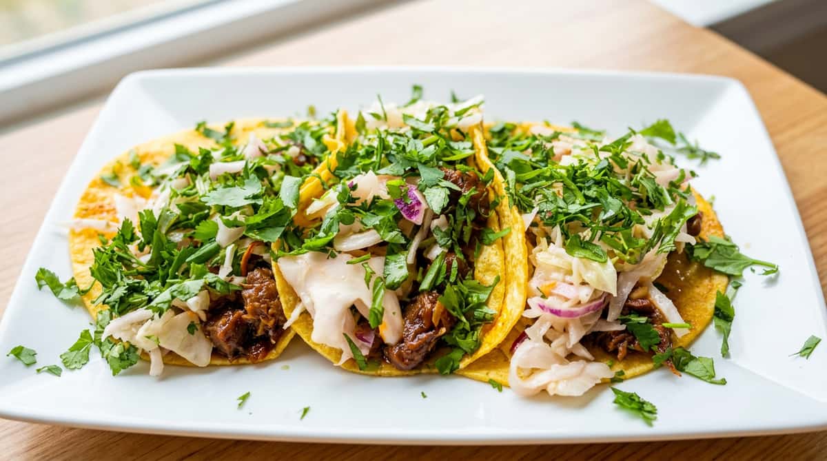 Three corn tacos filled with dark meat, topped with white and purple cabbage slaw, and fresh cilantro.