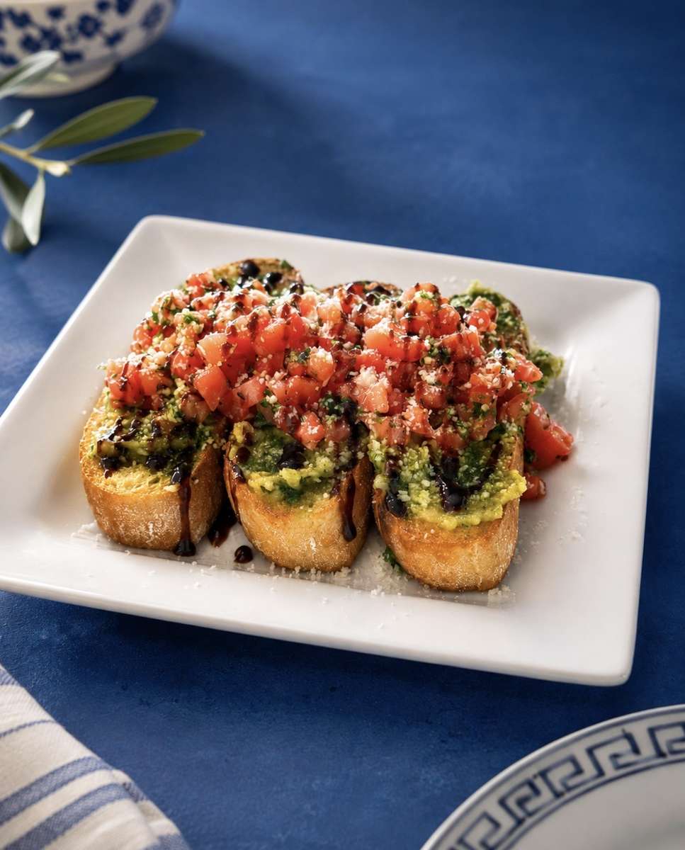 Bread topped with tomatoes and a balsamic drizzle