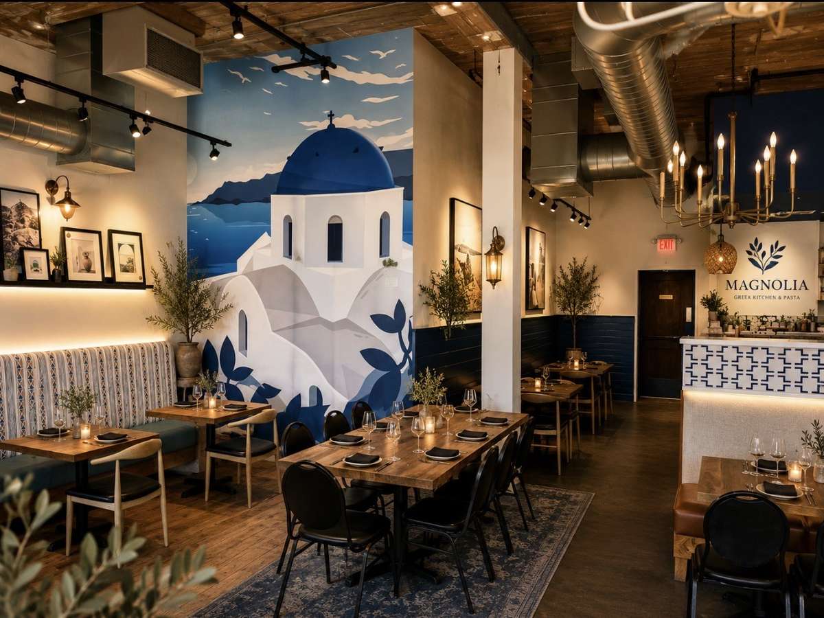 Interior dining room with an elegant Greek atmosphere at Magnolia Greek Kitchen & Pasta