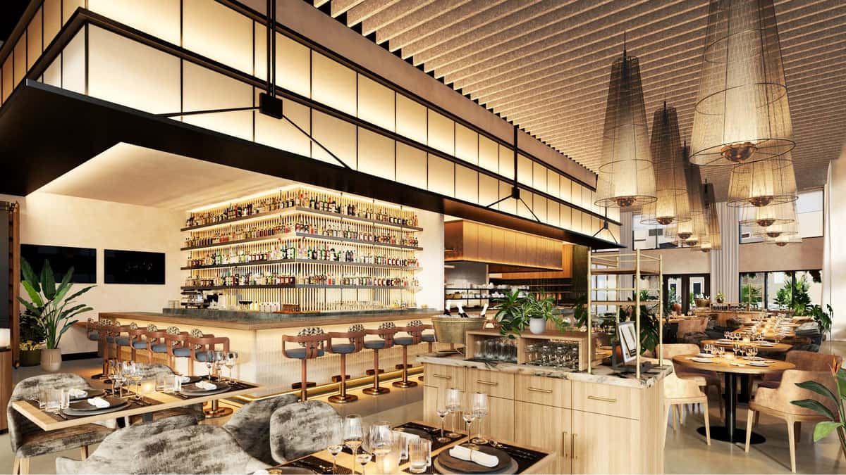 restaurant interior with bar and seating