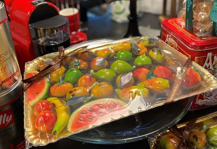fruit wrapped in a decorative container