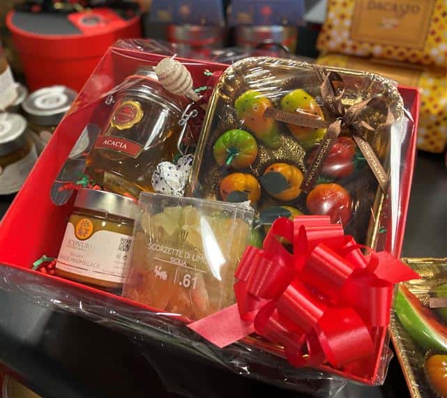 assortment of items wrapped in a gift basket