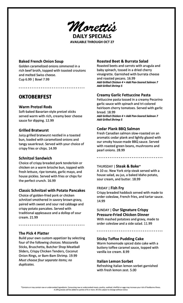 Chefs Specials at Morettis in Edison Park