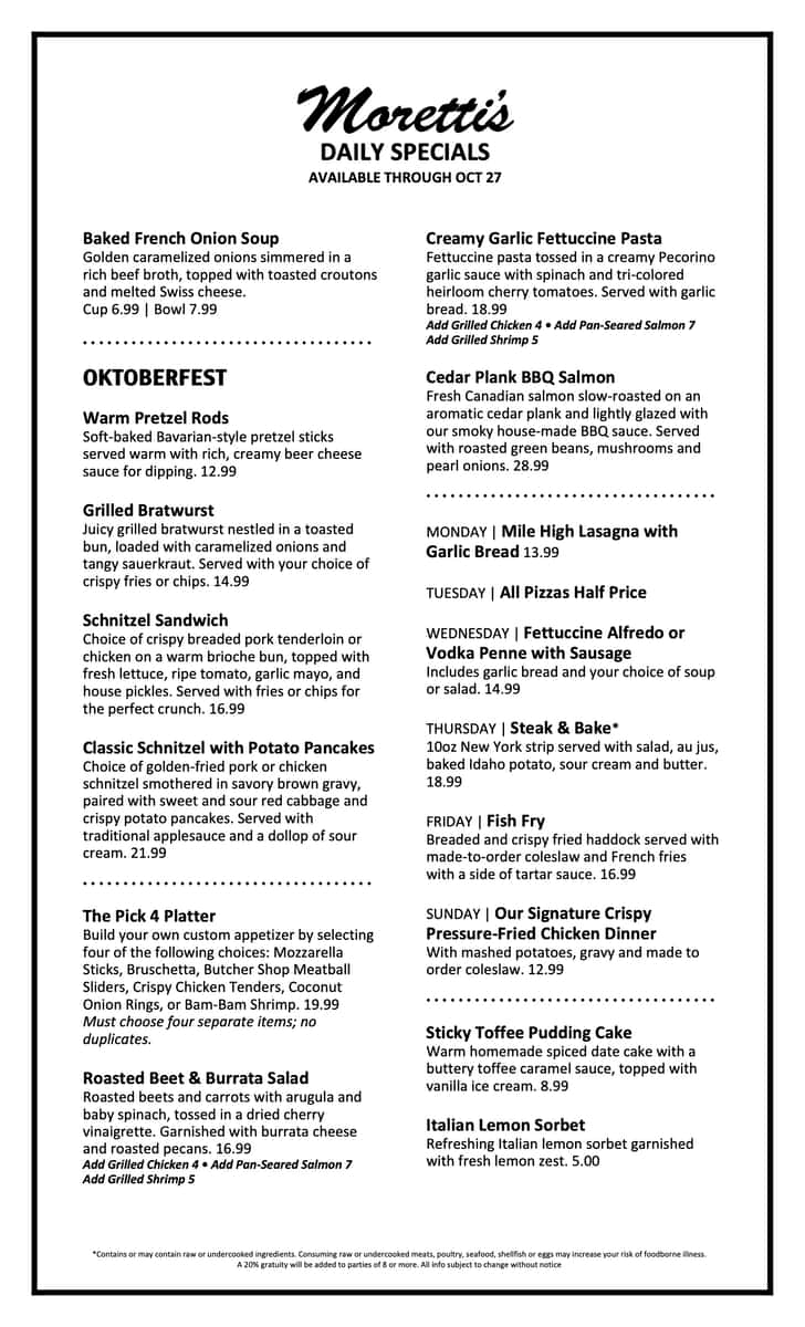 Chefs Specials at Morettis in Fox Lake