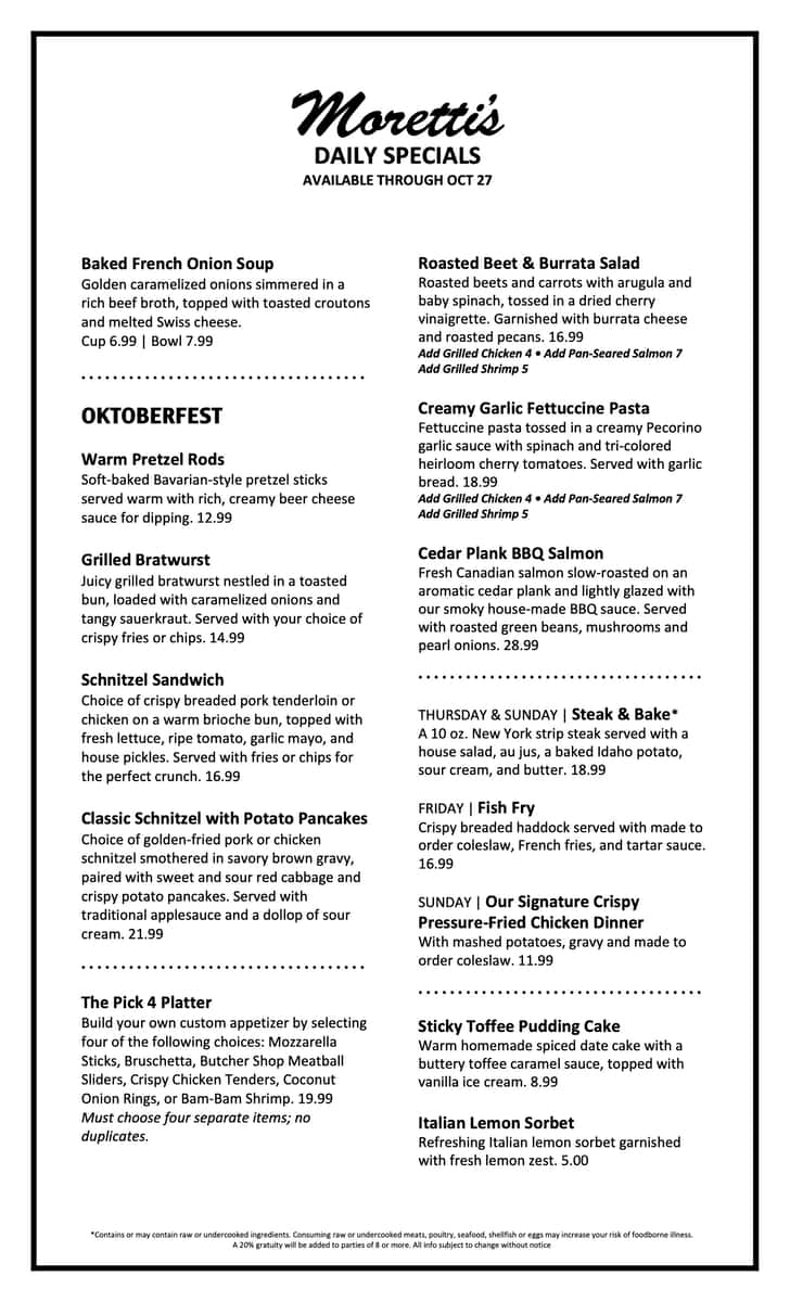 Chefs Specials at Morettis in Mount Prospect