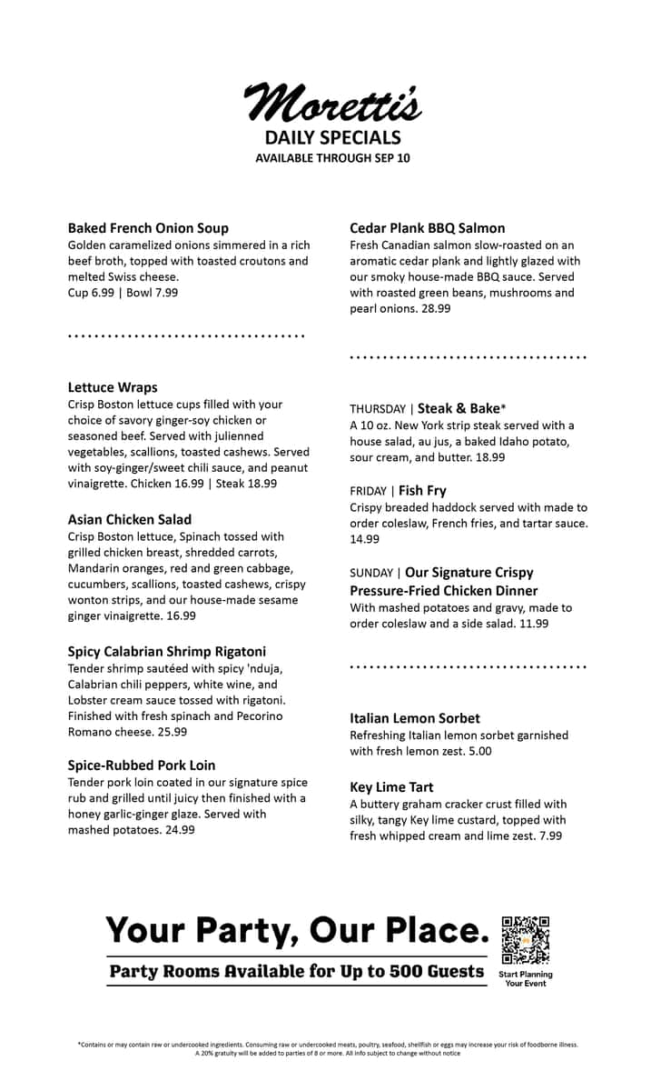 Chefs Specials at Morettis in Edison Park