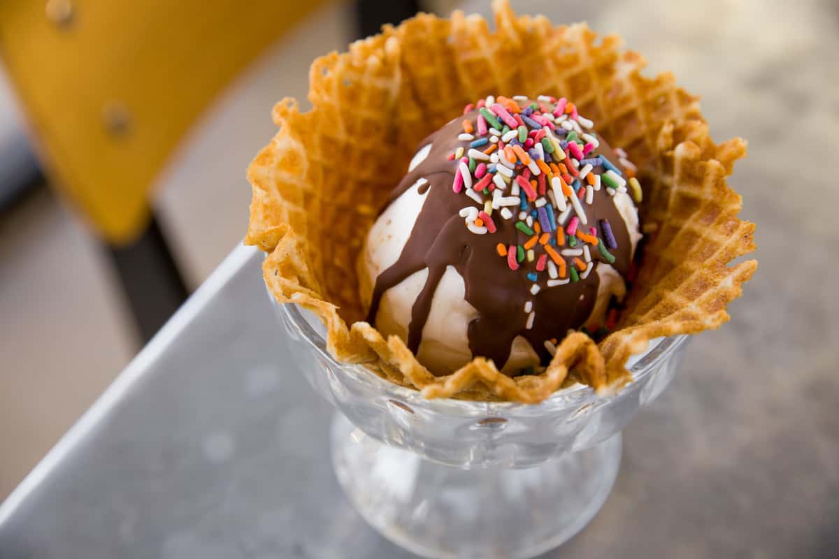 ice cream in a waffle bowl