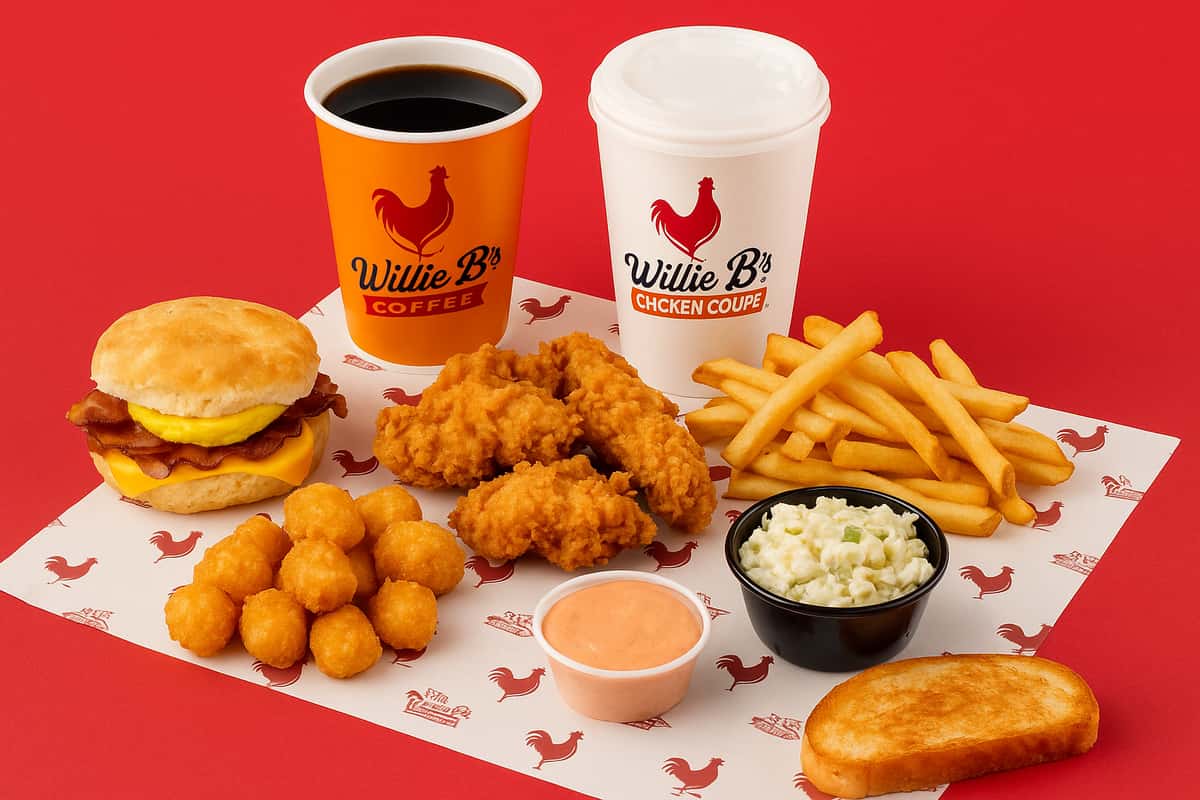 A vibrant Willie B's Chicken Coupe meal spread featuring golden fried chicken, fries, a biscuit sandwich, tater tots, coleslaw, and drinks on a red background.