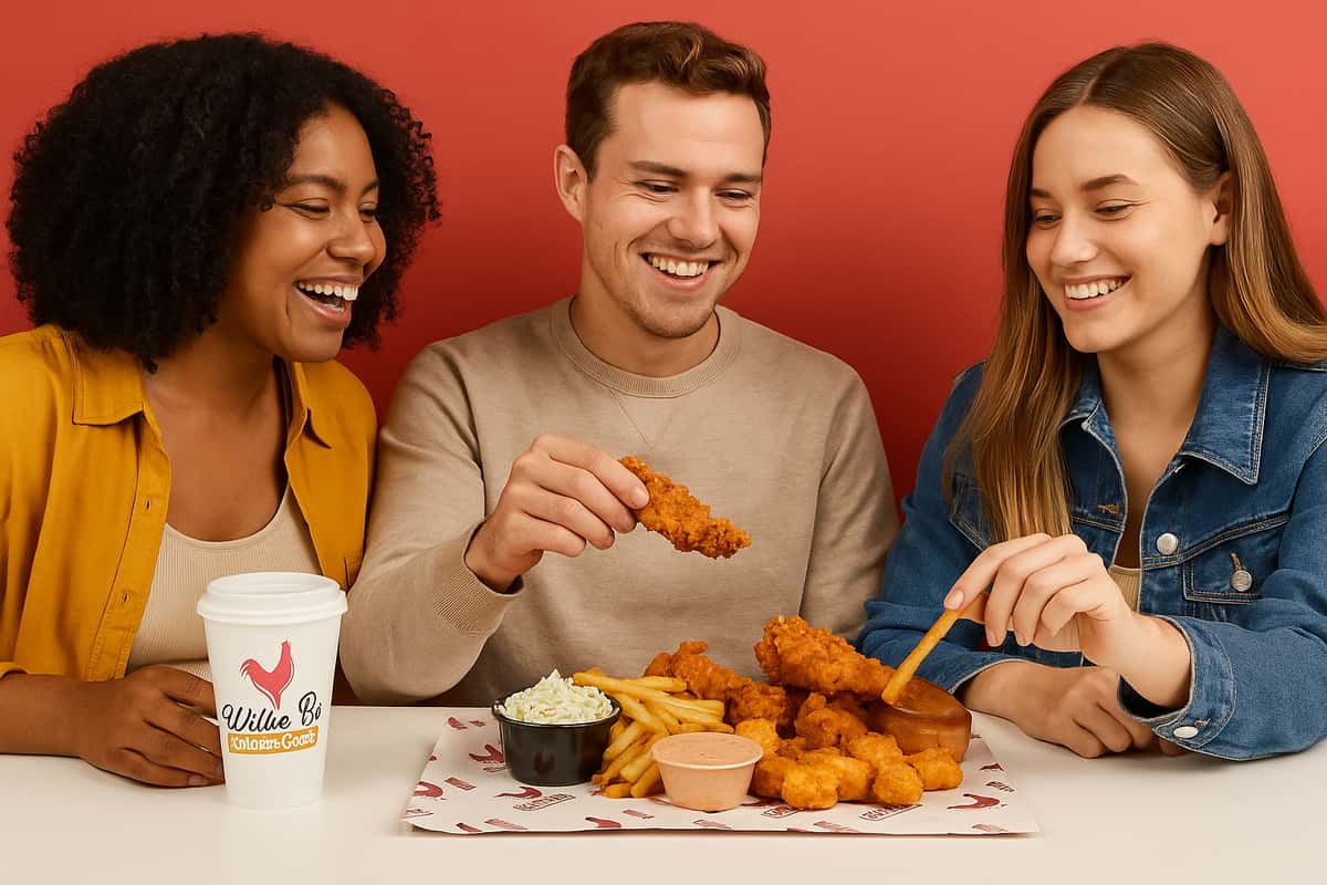 Three happy friends share a golden fried chicken and fries meal from Willie B's Chicken Coupe against a vibrant red background.