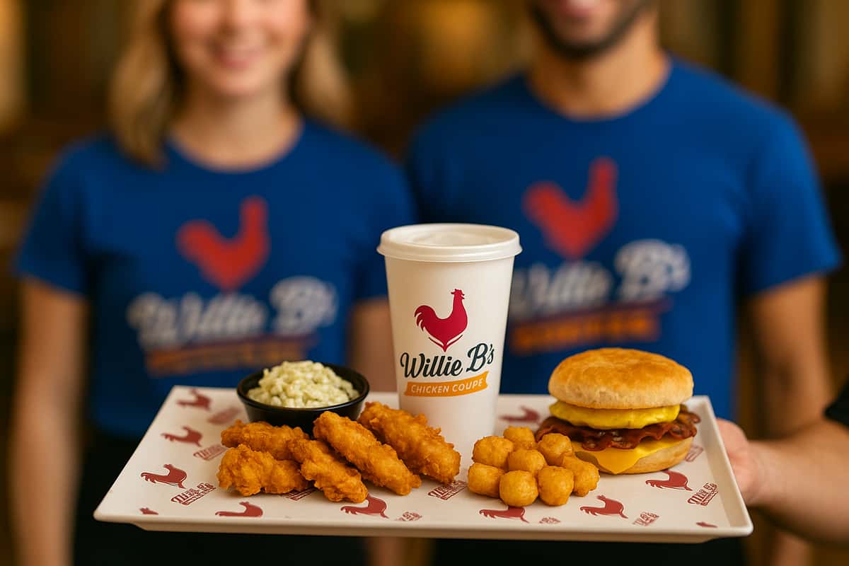 Willie B's Chicken Coupe meal served by staff: golden fried chicken, tater tots, biscuit sandwich, coleslaw, and a branded drink cup.