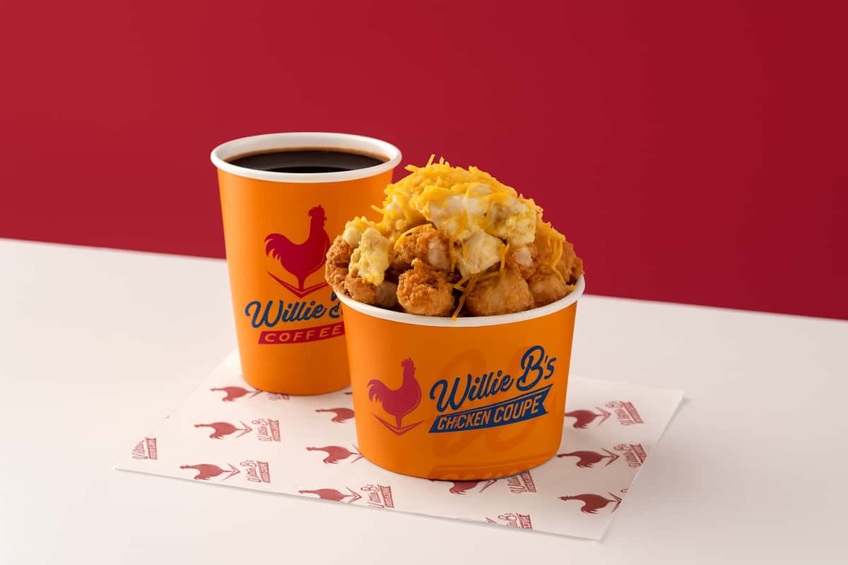 Willie B's Chicken Coupe loaded breakfast bucket and coffee on a red and white background.