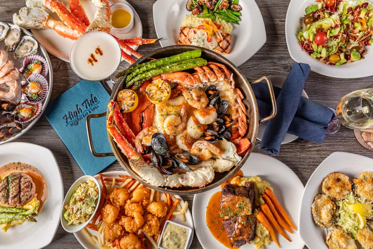 Various seafood dishes on a table