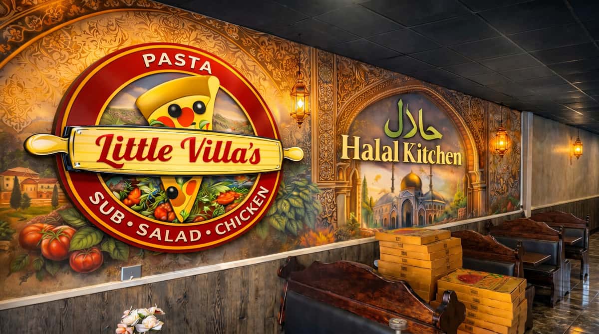 Restaurant interior with a mural featuring "Little Villa's" pizzeria logo and a "Halal Kitchen" sign above an Islamic mosque.