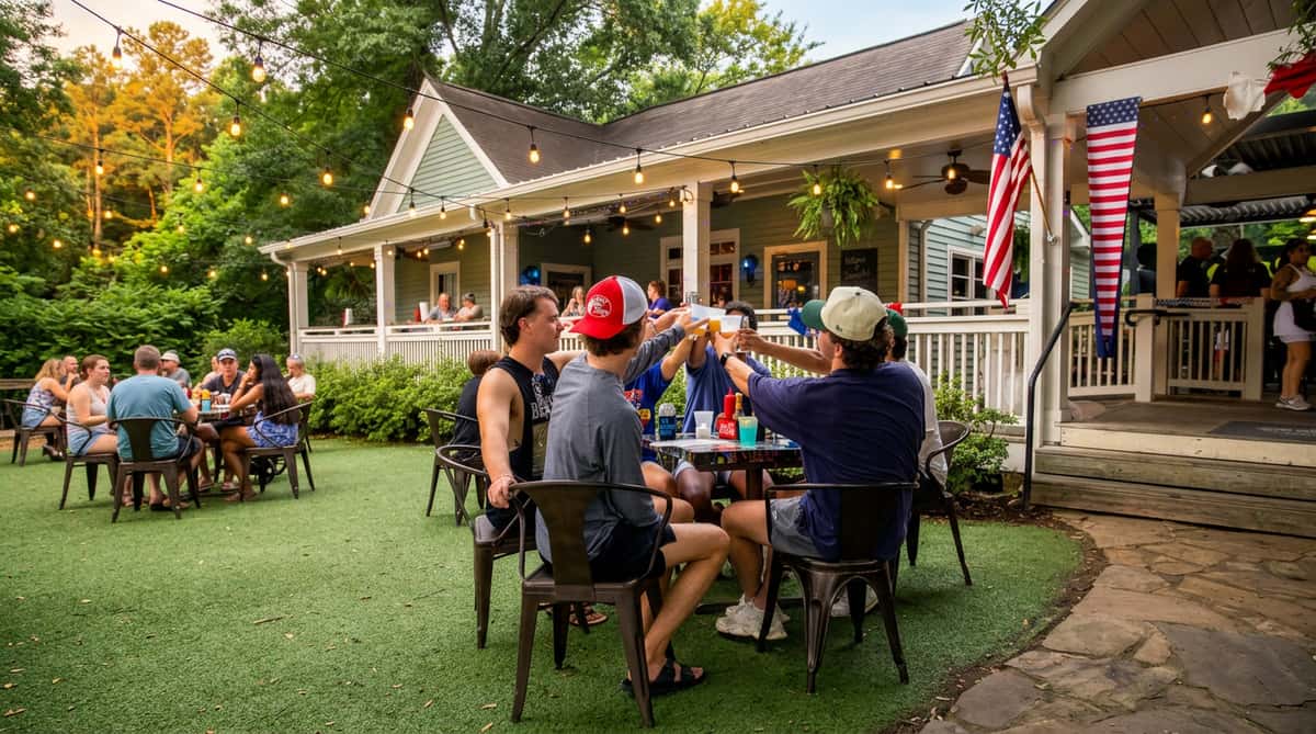 Four people clinking beer glasses at an outdoor table on artificial grass, with a porch restaurant in the background.
