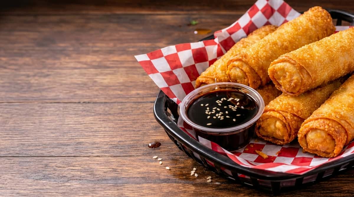 Golden crispy egg rolls served in a basket with soy dipping sauce and sesame seeds.