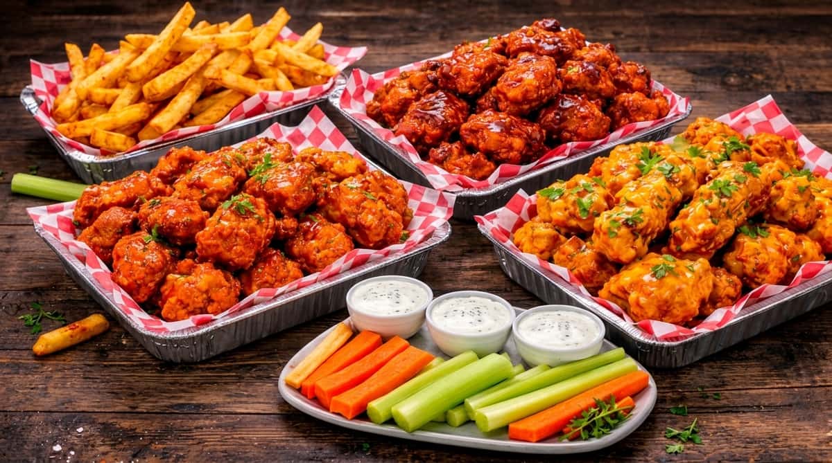 Multiple trays of boneless chicken wings with fries, ranch dipping sauce, celery, and carrots.