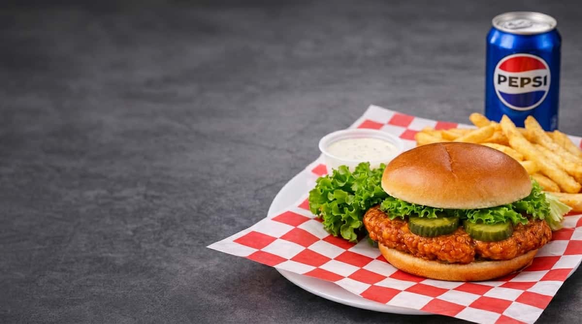 Crispy chicken sandwich with lettuce and pickles served with fries, ranch dip, and Pepsi soda.