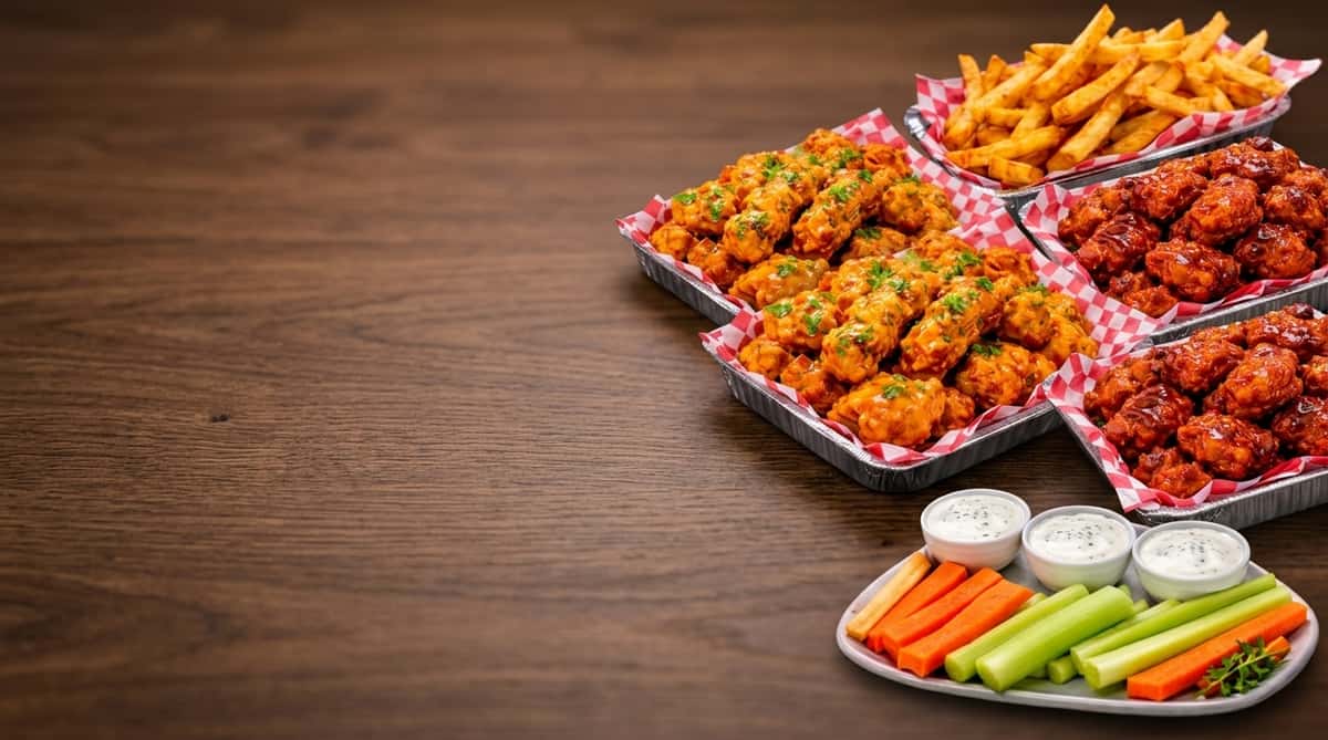 Wing platter with crispy chicken wings, seasoned fries, ranch dip, celery, and carrots on a dark background.
