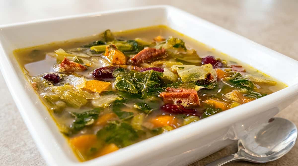 Homemade ham and vegetable soup with fresh greens and hearty broth at Roger's Family Restaurant in Somerset MA