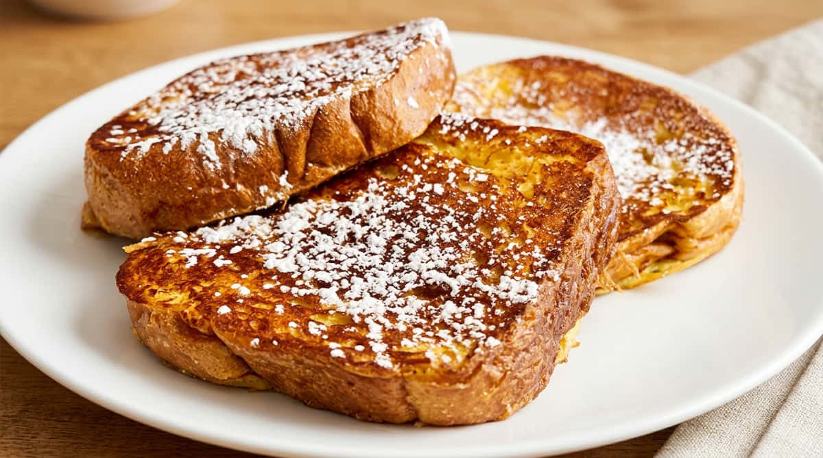 Golden French toast dusted with powdered sugar served fresh for breakfast at Roger's Family Restaurant in Somerset MA