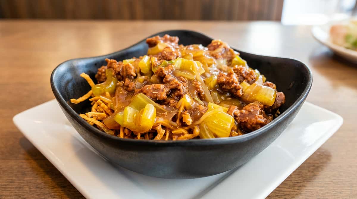 Scratch-made chow mein with crispy noodles, vegetables, and savory gravy at Roger's Family Restaurant in Somerset MA