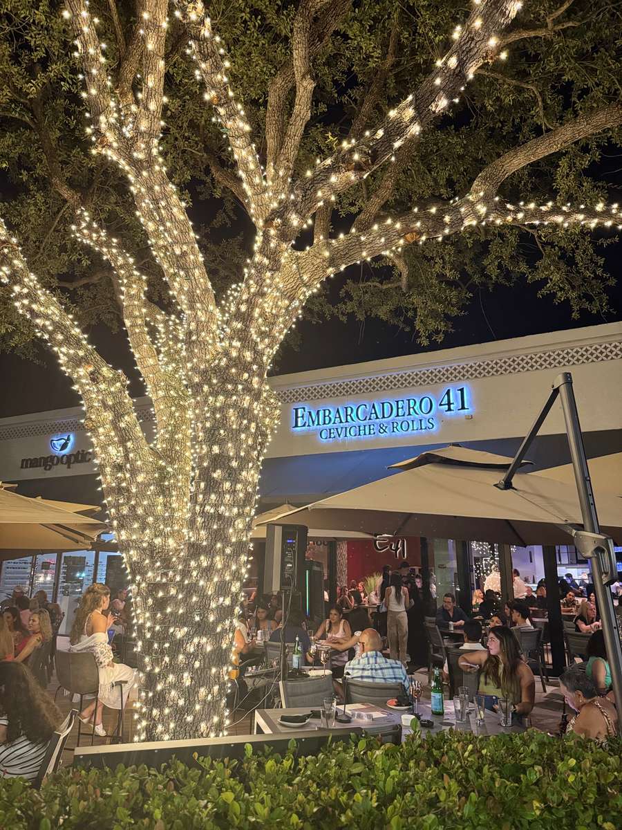 Exterior of restaurant with tree decorated in soft fairy lights
