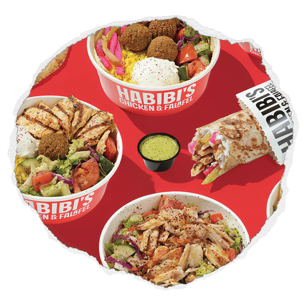 Habibi's wraps and bowls on a red background
