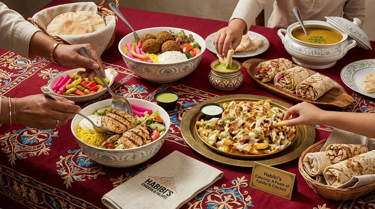 Bowls and wraps from Habibi's spread out on a table
