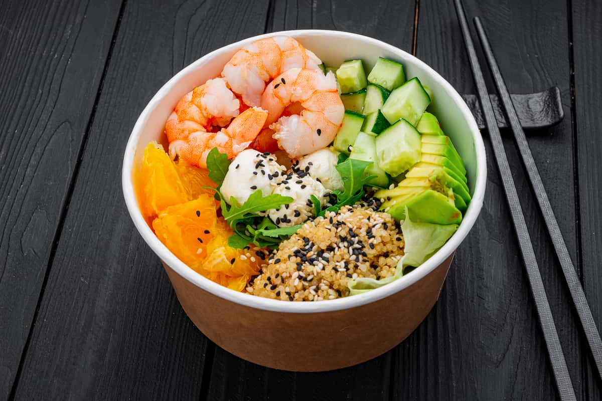 Poke bowl with shrimp quinoa avocado and cucumber