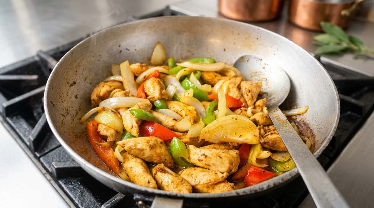 Chicken stir fry at Sivas Tavern featuring sautéed vegetables and seasoned chicken in a savory skillet