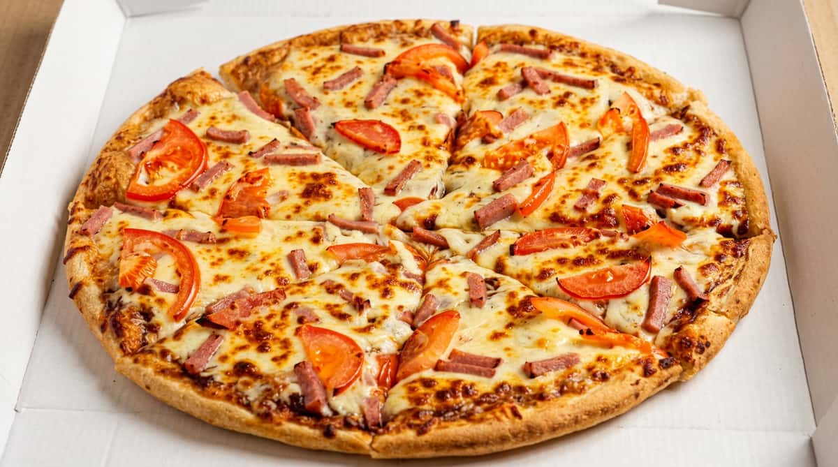 Ham and tomato pizza at Sivas Tavern with melted cheese and crispy golden crust