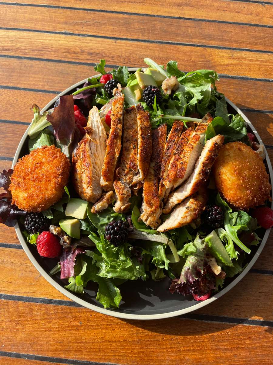 chicken added to the goat cheese salad.