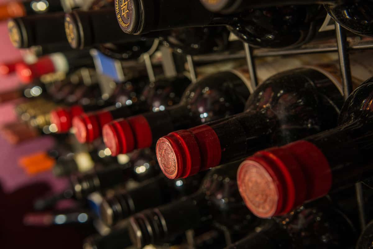 Closeup of wine bottles