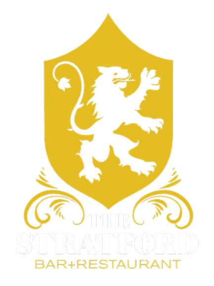 The Stratford Bar + Restaurant logo featuring a heraldic lion on a gold shield.