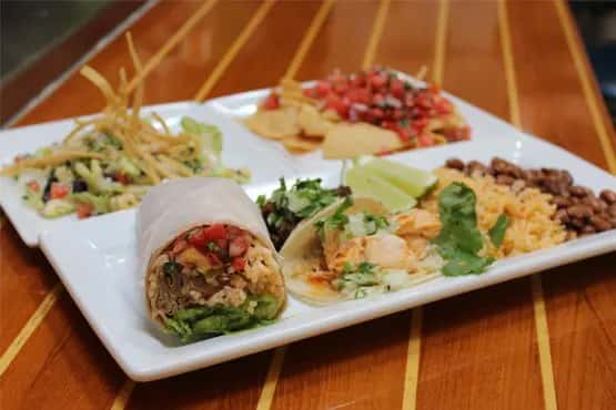 Plate with burrito, taco, rice, beans, salad