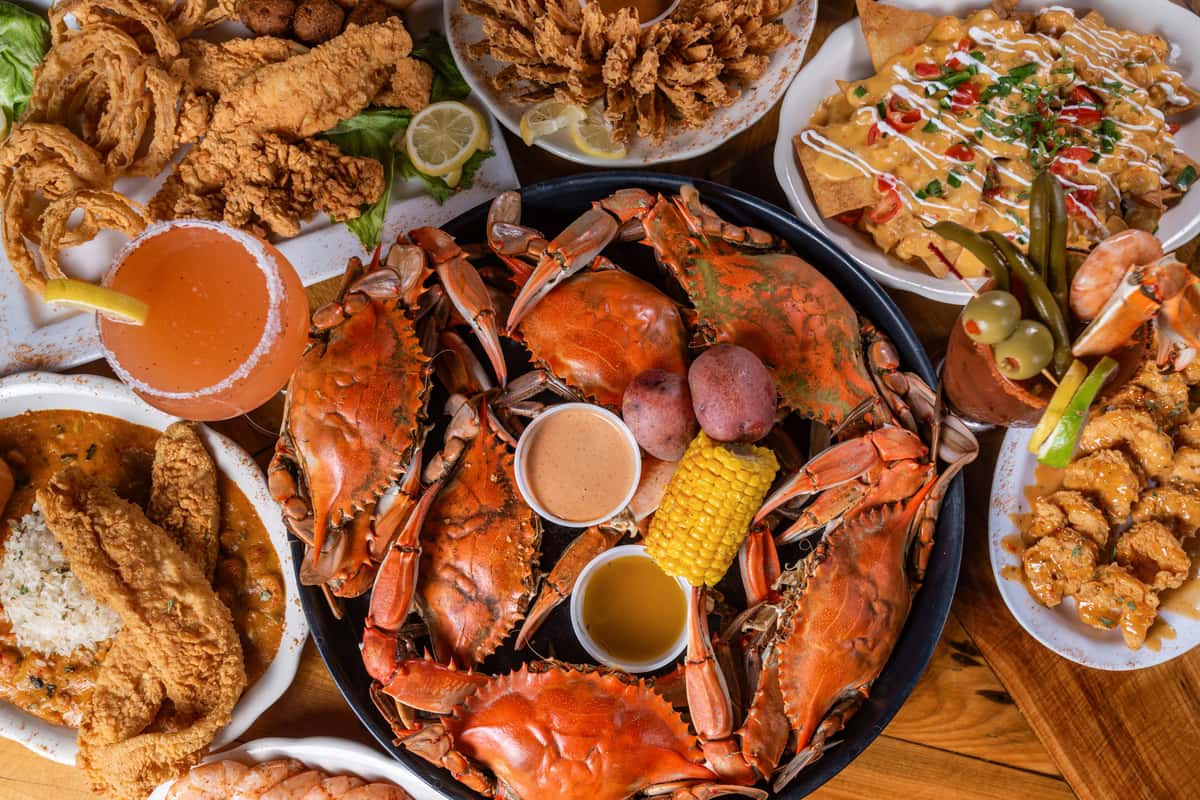 Sea food dishes in a table