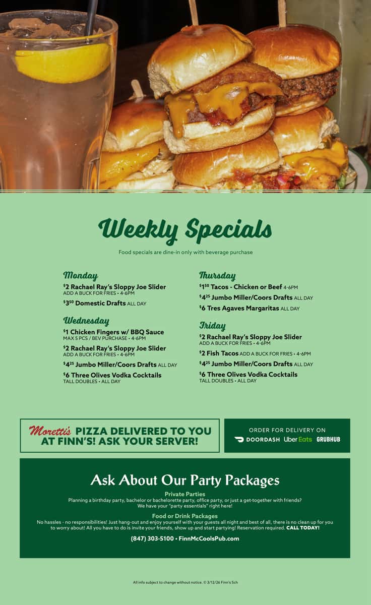 St Pats Saturday Menu - Finns Schaumburg