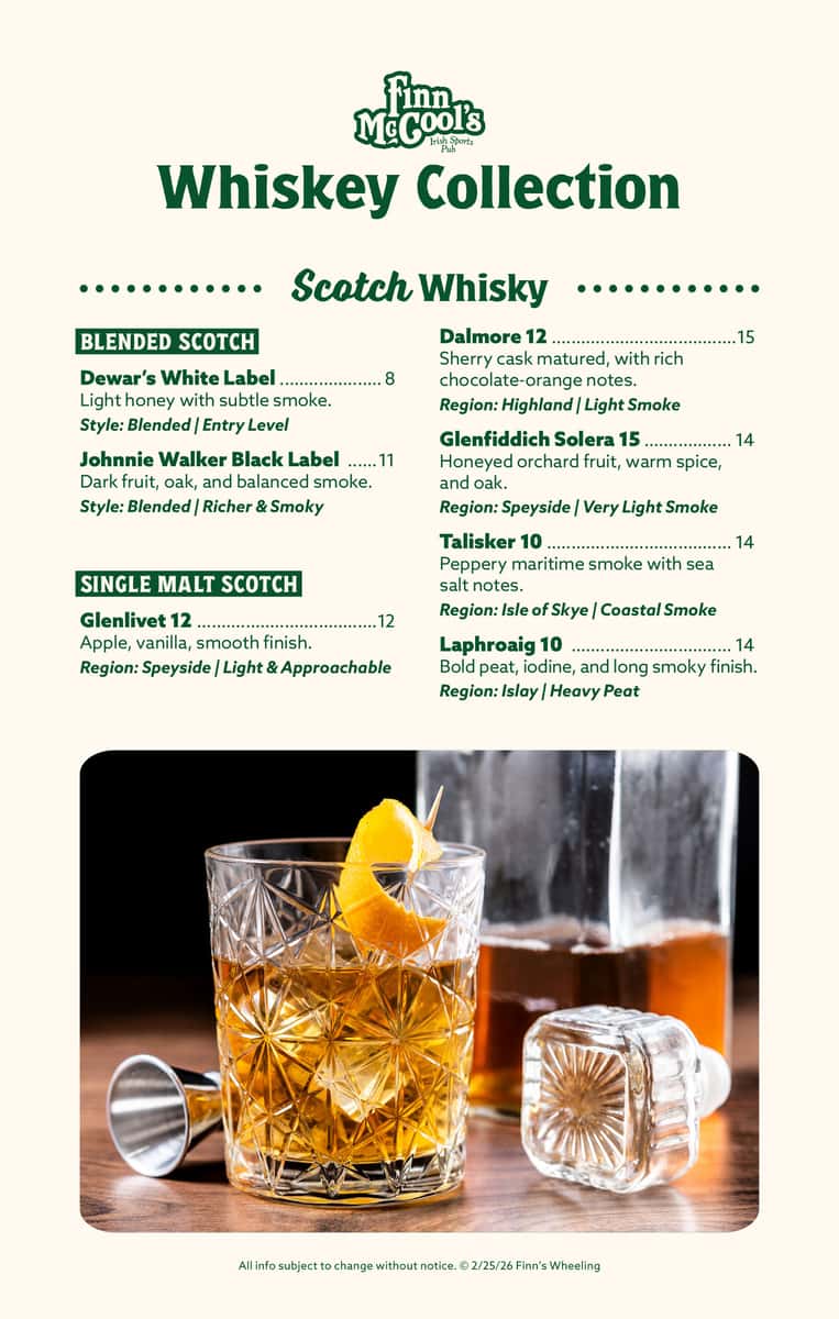 whiskeys at finns in wheeling