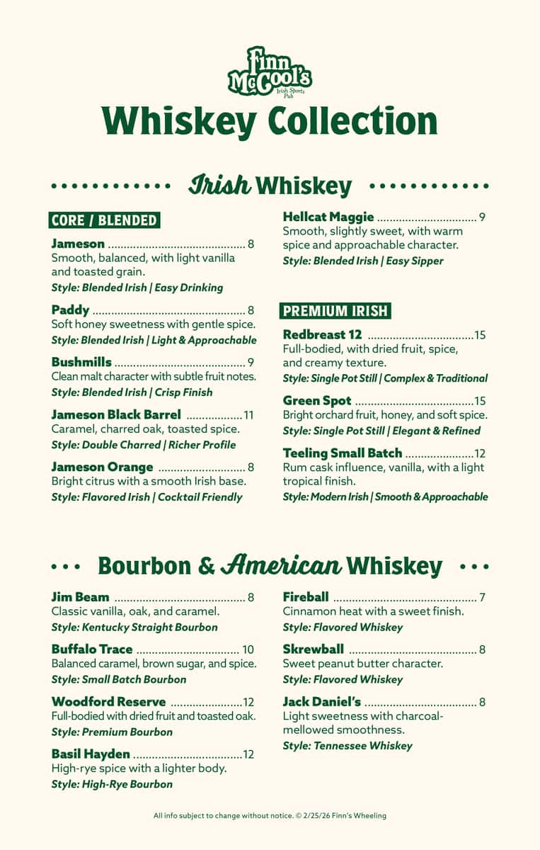 whiskey at finns in wheeling