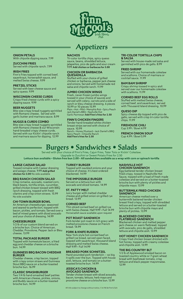 Finns Schaumburg In-House Menu