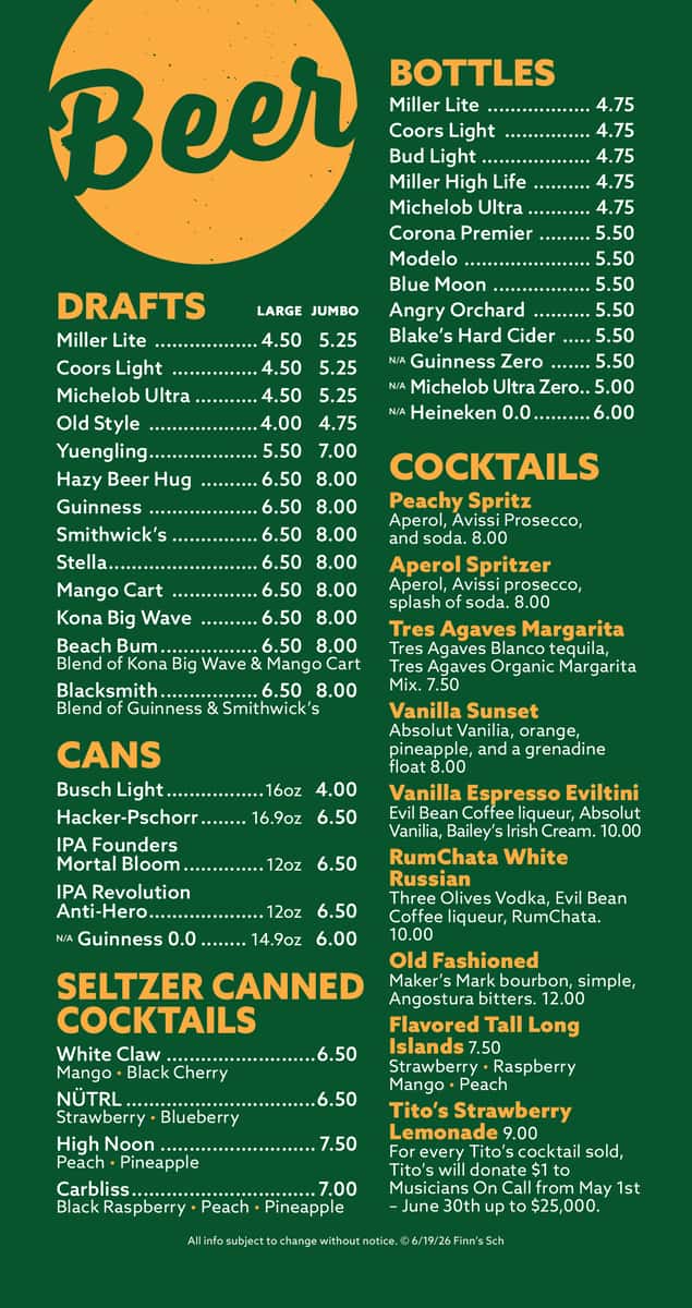 Finns Schaumburg Drinks Menu