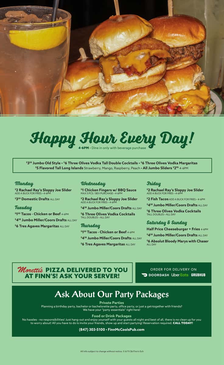 Finns Schaumburg Happy Hour Menu