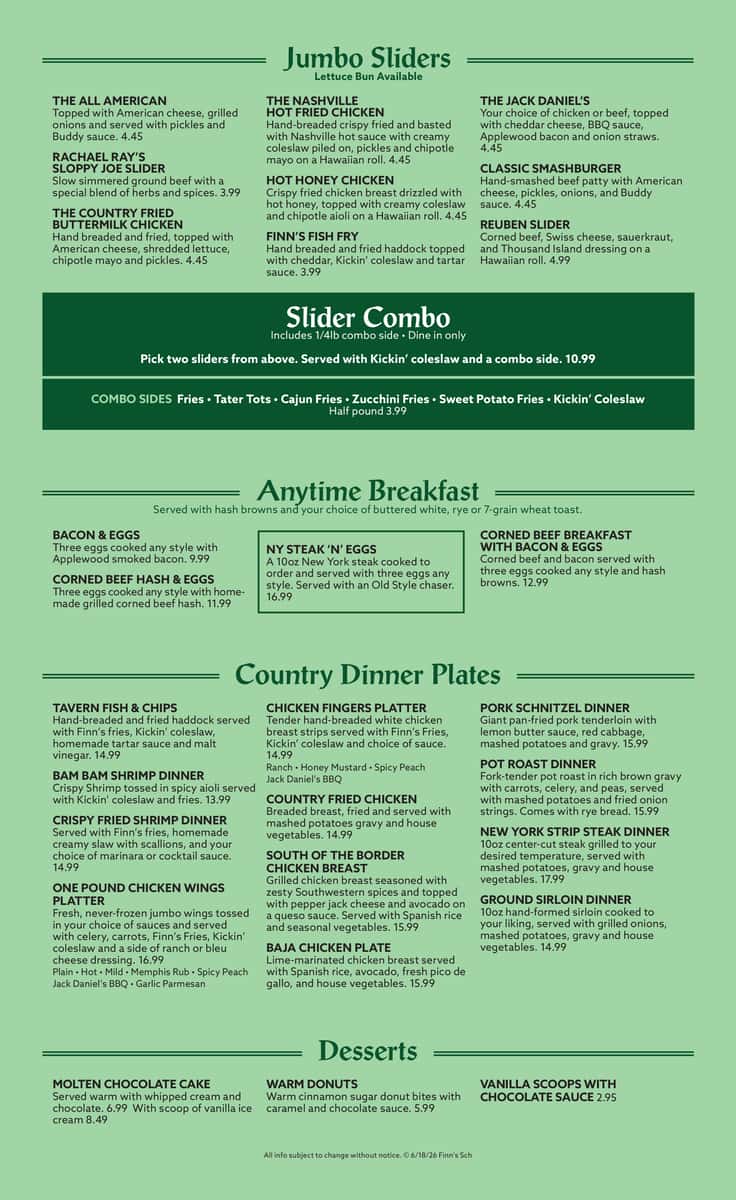 Finns Schaumburg In-House Menu