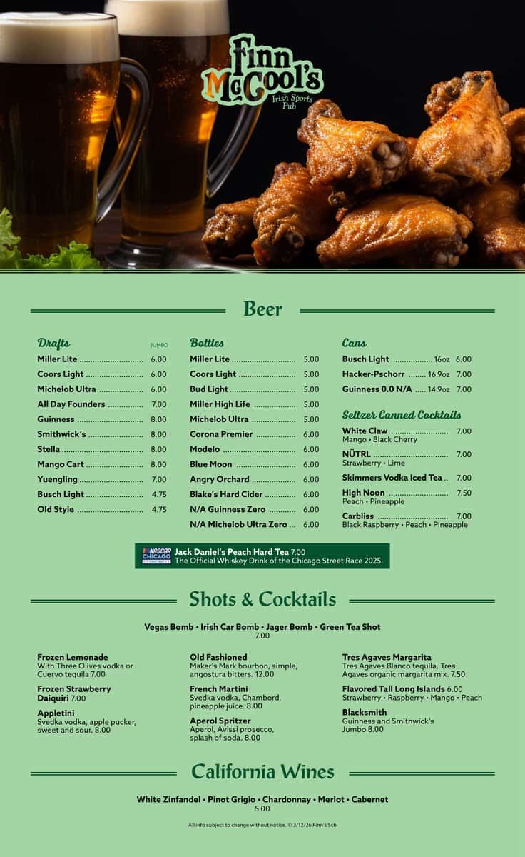 St Pats Saturday Menu - Finns Schaumburg