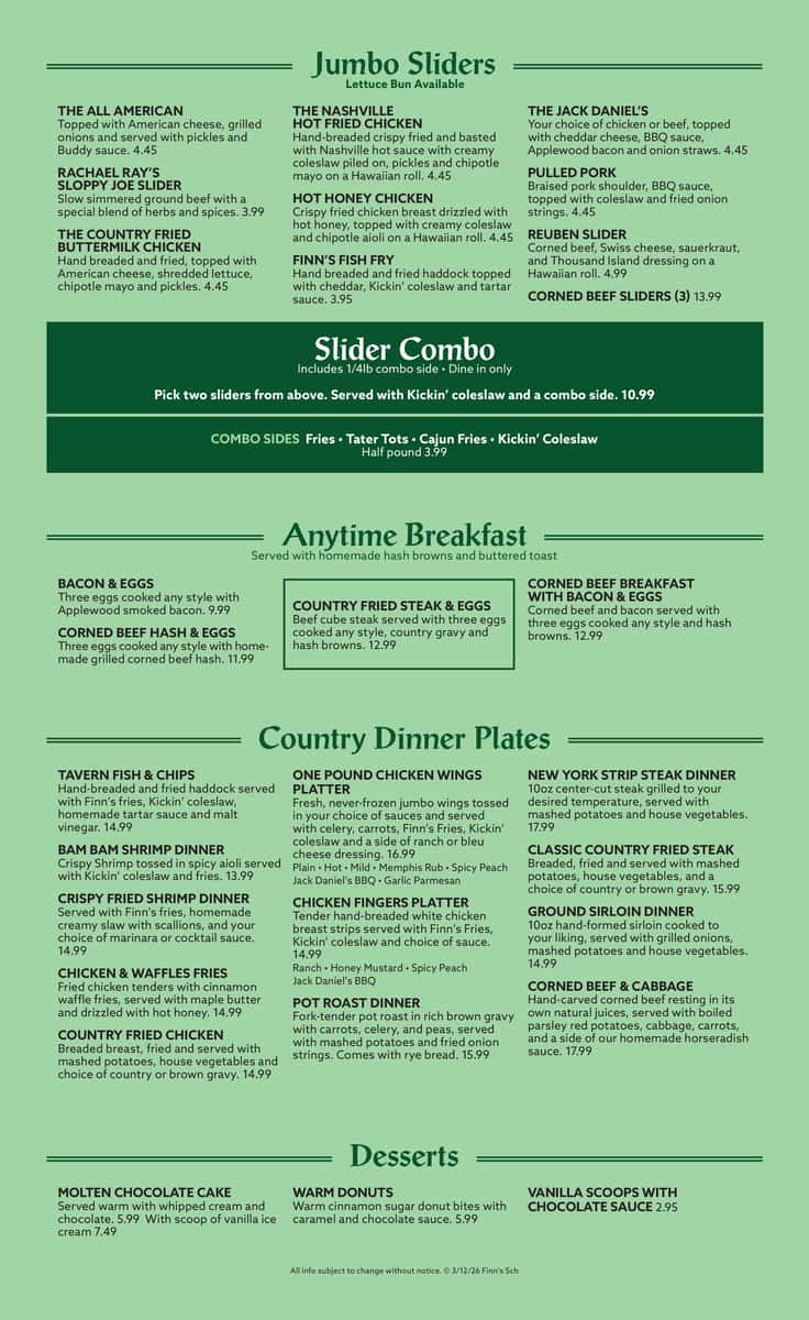 St Pats Saturday Menu - Finns Schaumburg