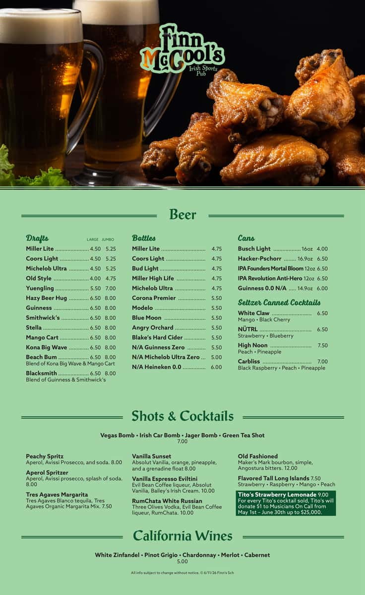 Finns Schaumburg Drinks Menu