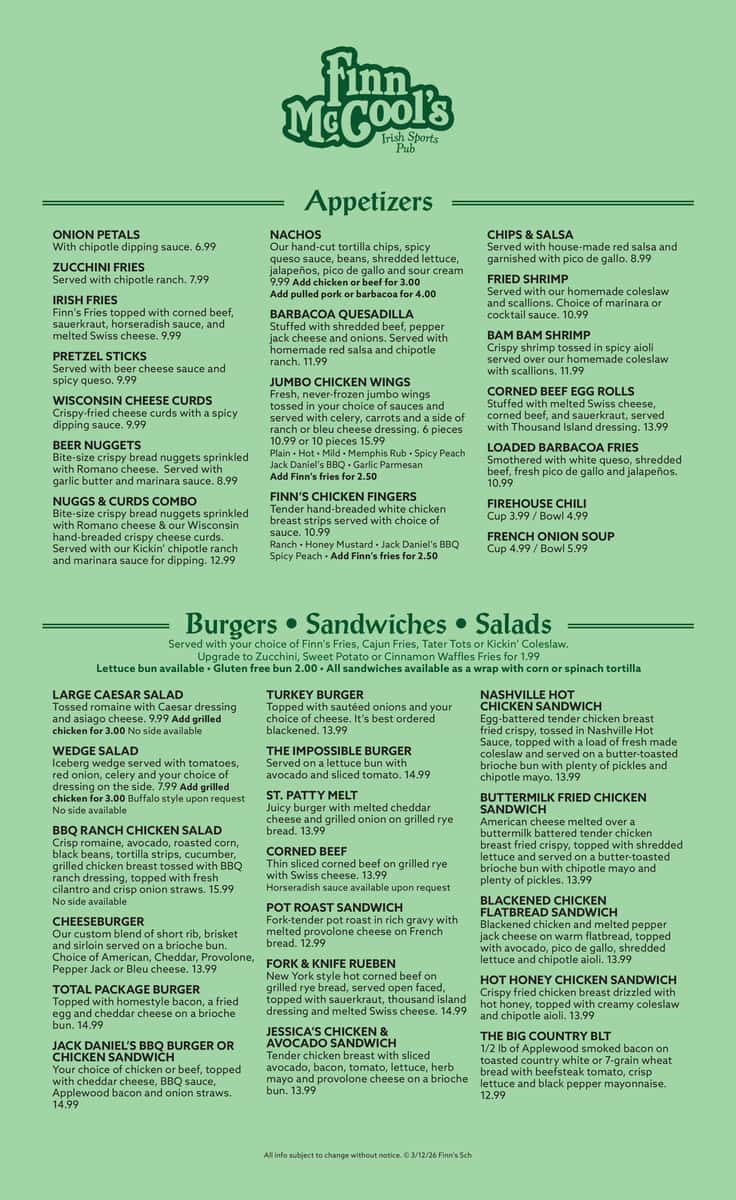 St Pats Saturday Menu - Finns Schaumburg