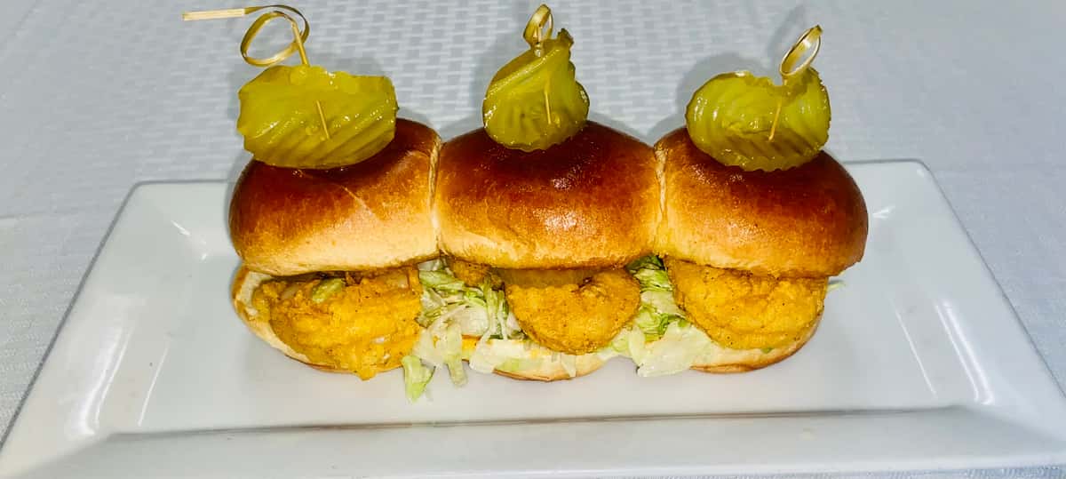3 Shrimp Sliders shredded lettuce and cajun tartar sauce
