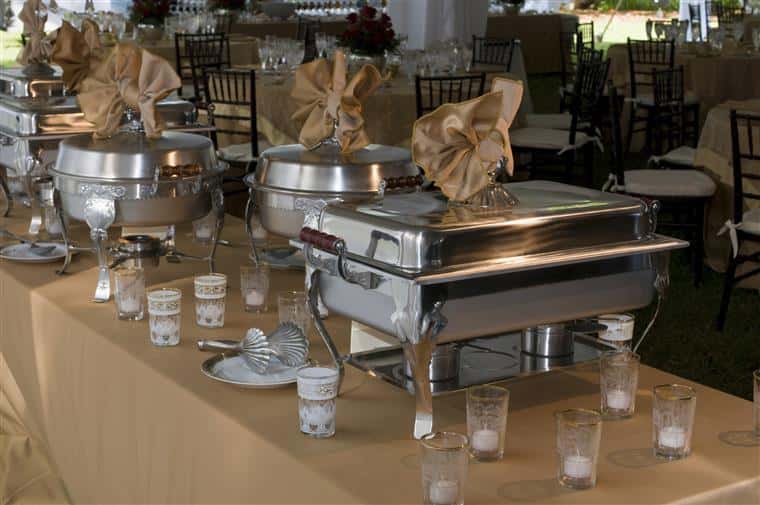 catering display of metal food trays