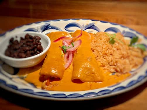enchilada with rice and beans